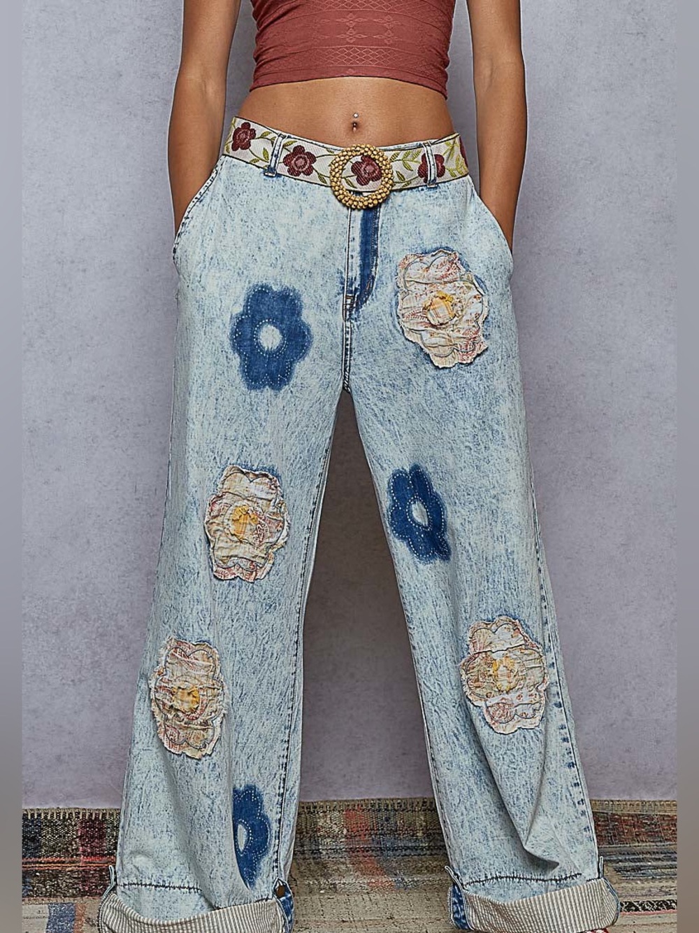 POL Vintage Light Wash Wide-Leg Pants Jeans Floral patchwork size Medium